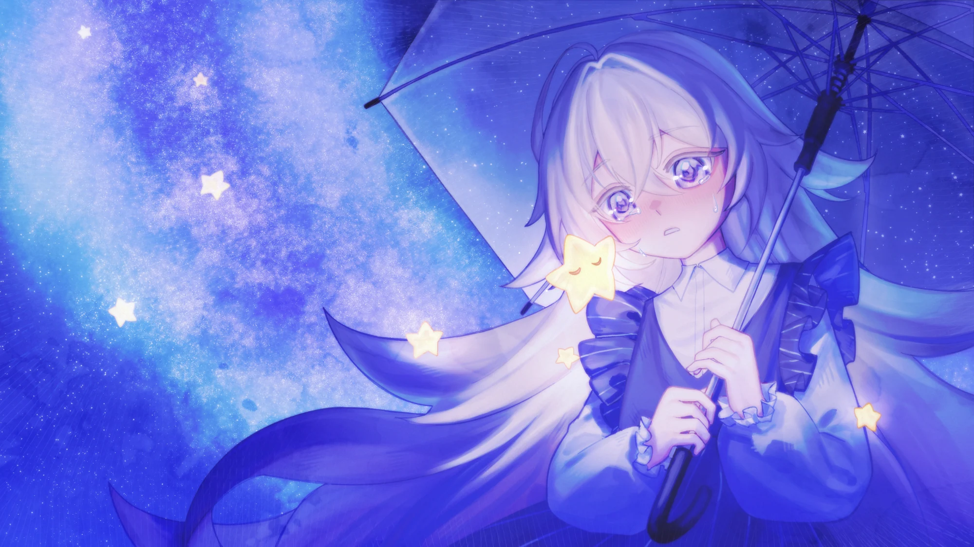Vanity 撐著紫藍色雨傘，置身星光與雨後的光芒